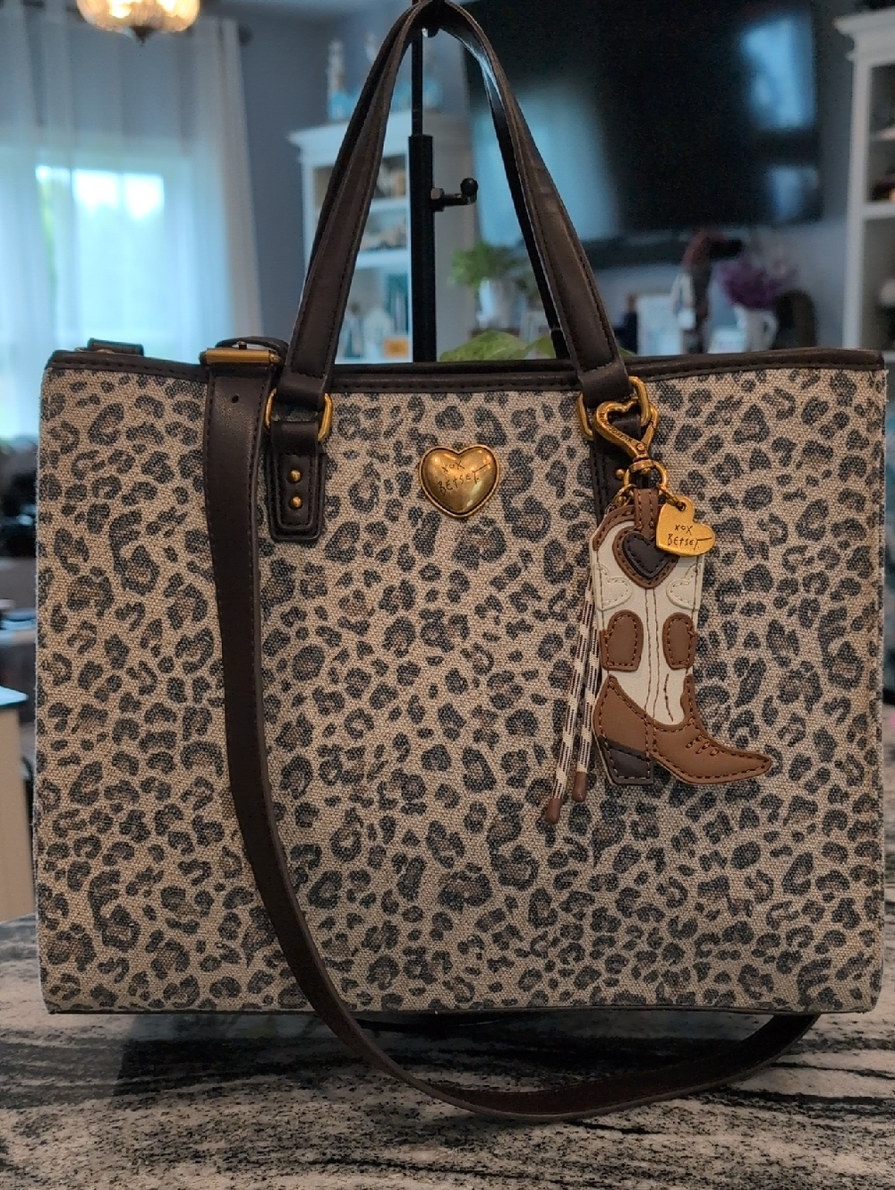 Betsey Johnson Leopard Print Canvas Tote with Brown Trim & Boot Charm
